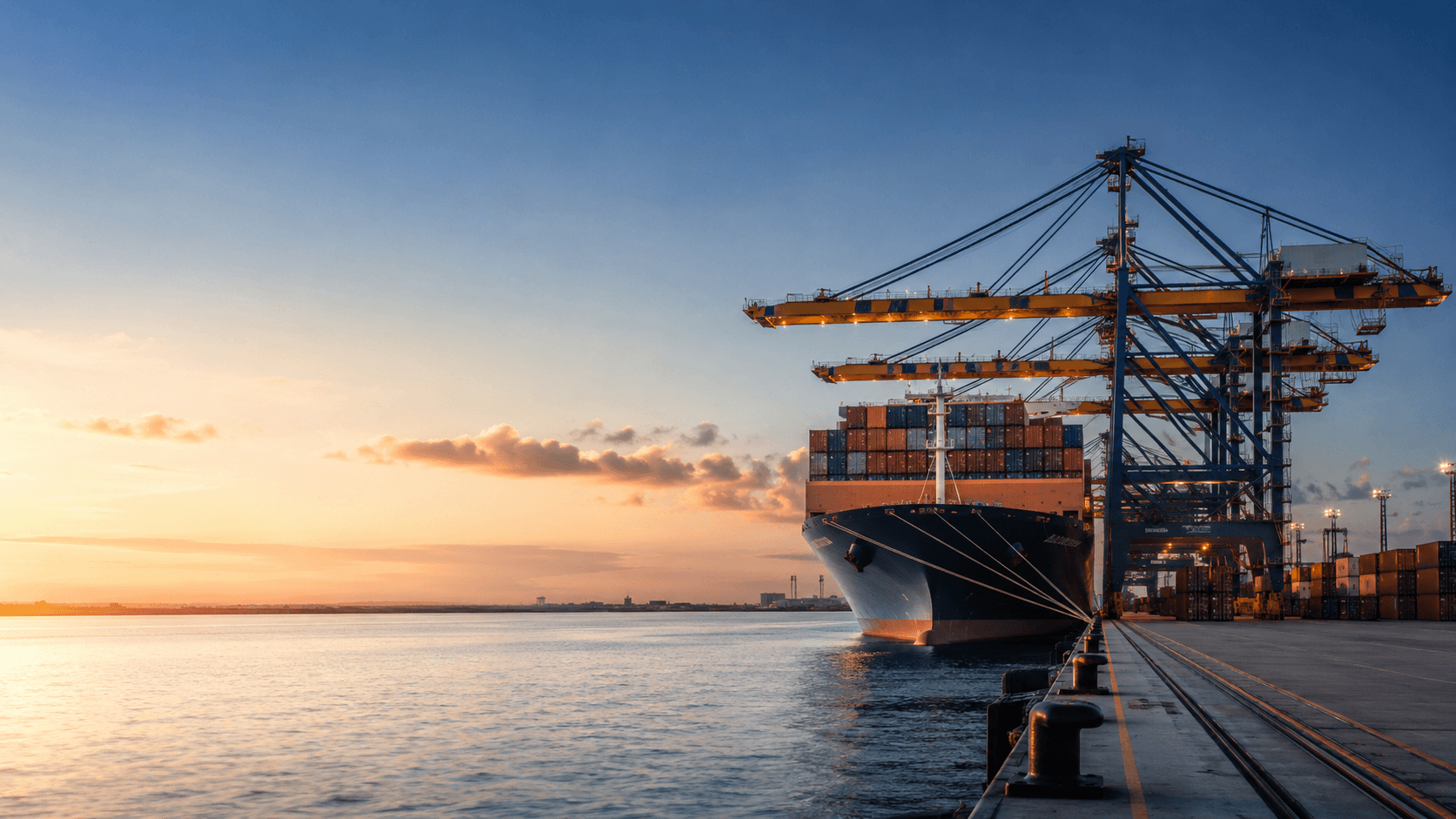 Container ship loading at a China port at sunset